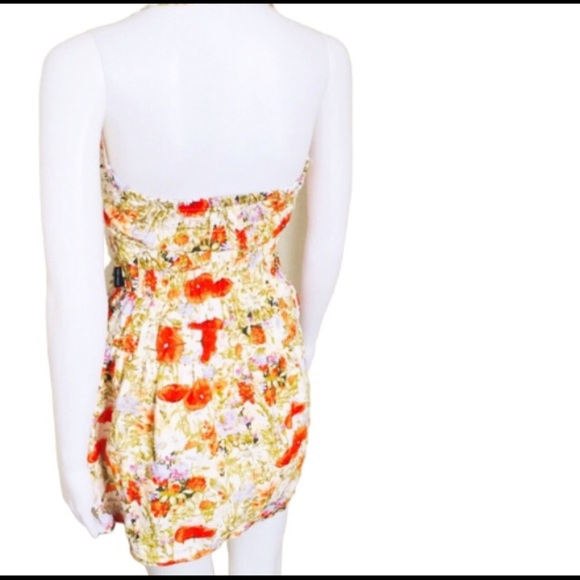 Mini DRESS With Floral Print Halter Detail & Ruffle Front Yellow/Orange Sz Small - Picture 3 of 4